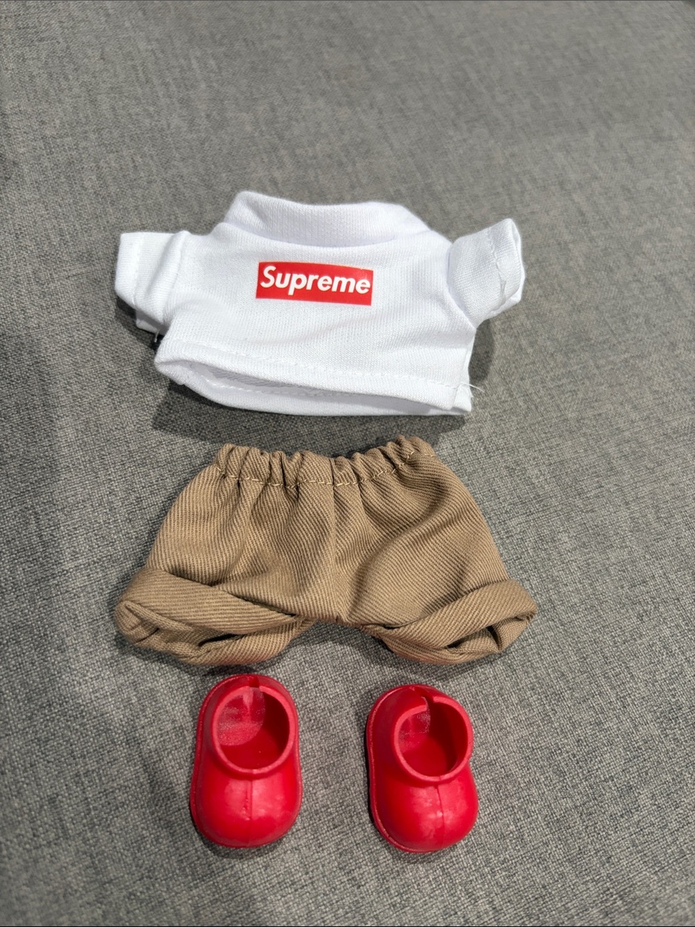 Labubu or Small Doll Supreme White Shirt and Khaki Shorts